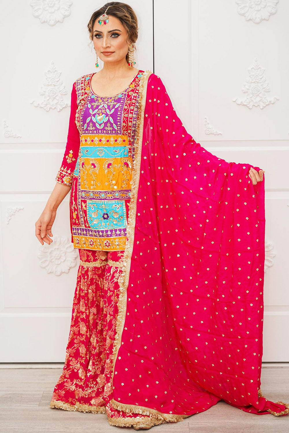 Made to Measure Pastel Resham Embroidered  Sharara Suit Set With Embellished Neckline