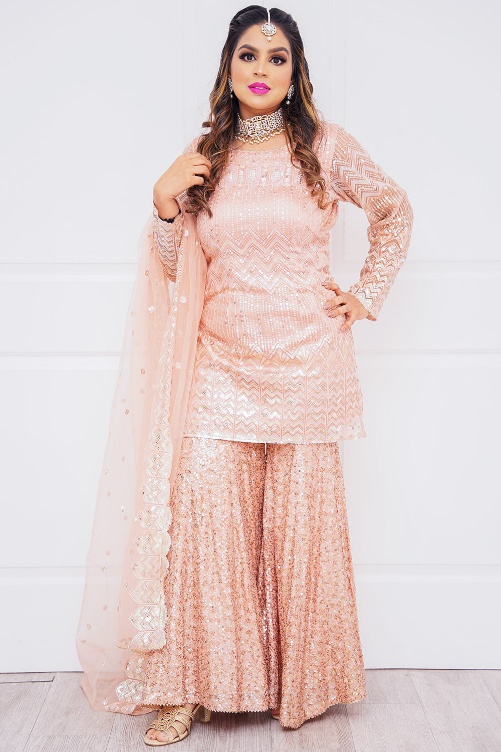 Regal Rose Gold Bandhej Embroidered Chinon Sharara Suit Set main image 1