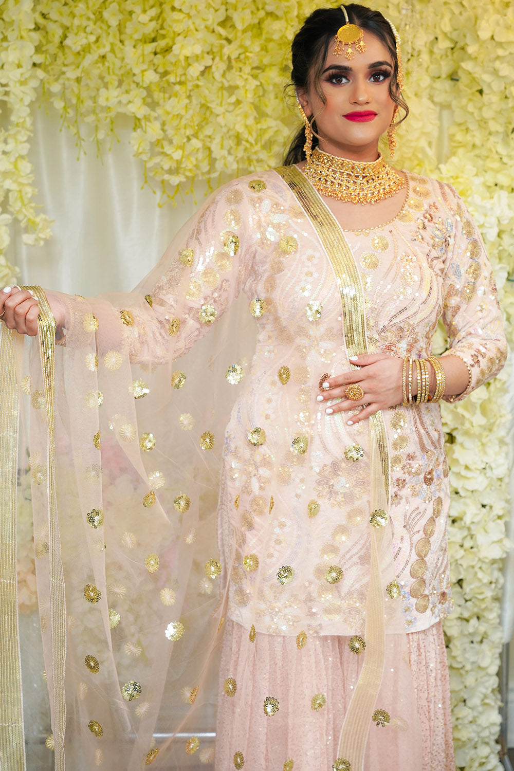 Regal Rose Gold Bandhej Embroidered Chinon Sharara Suit Set