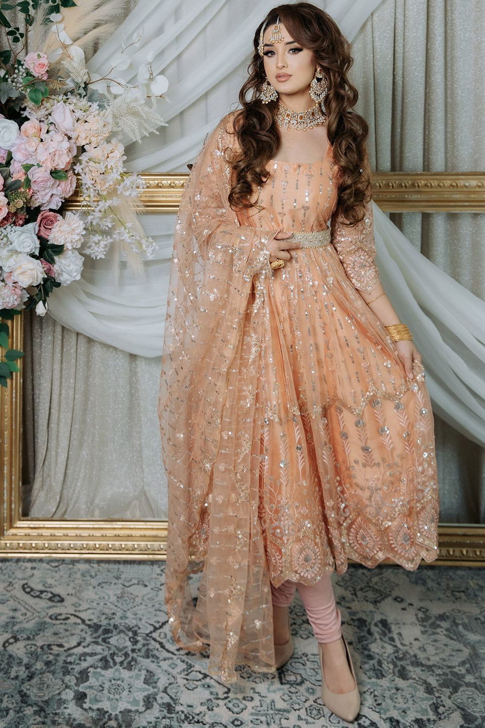 Rose Gold Netted Long Anarkali Suit