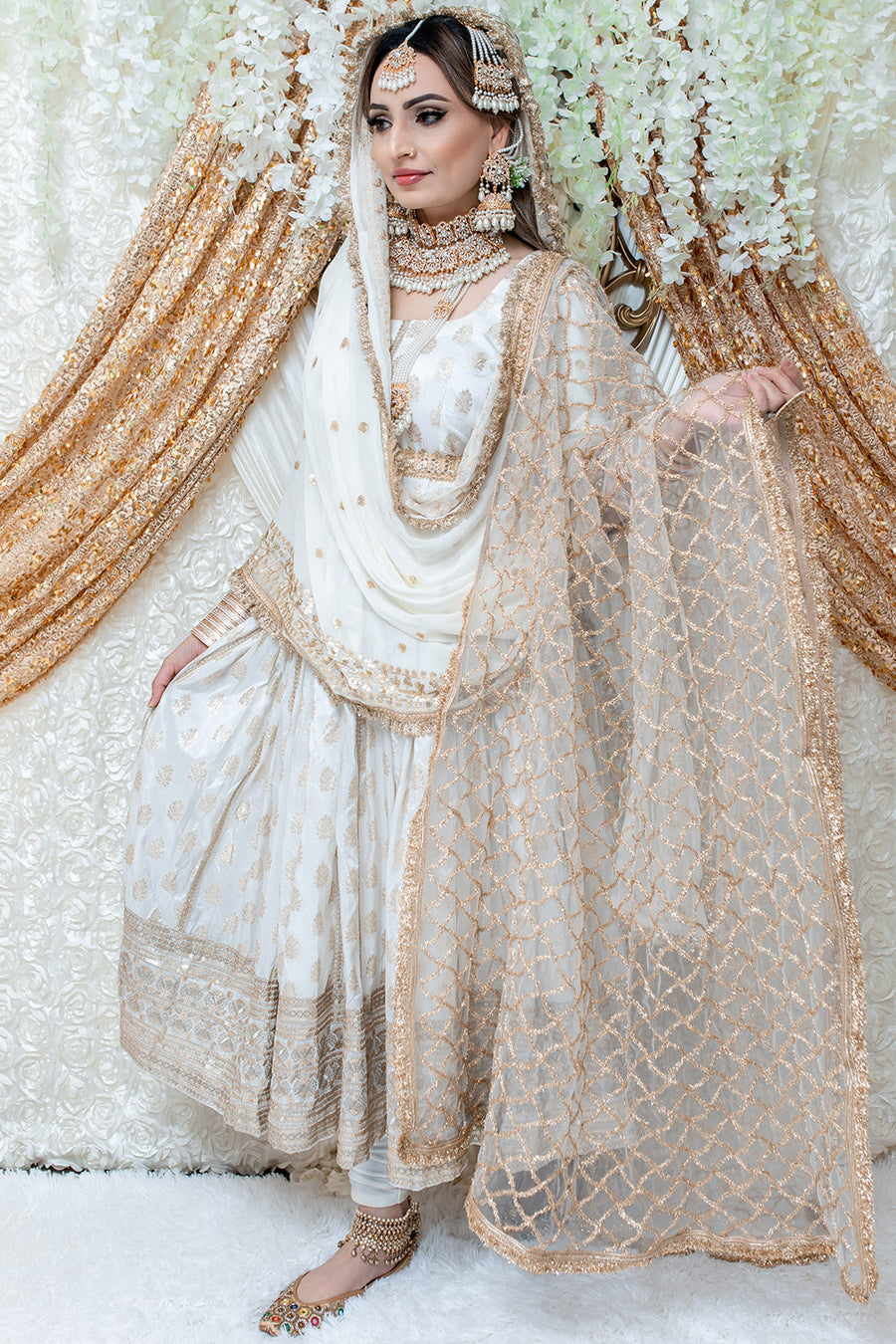 White & Gold Long Anarkali Suit