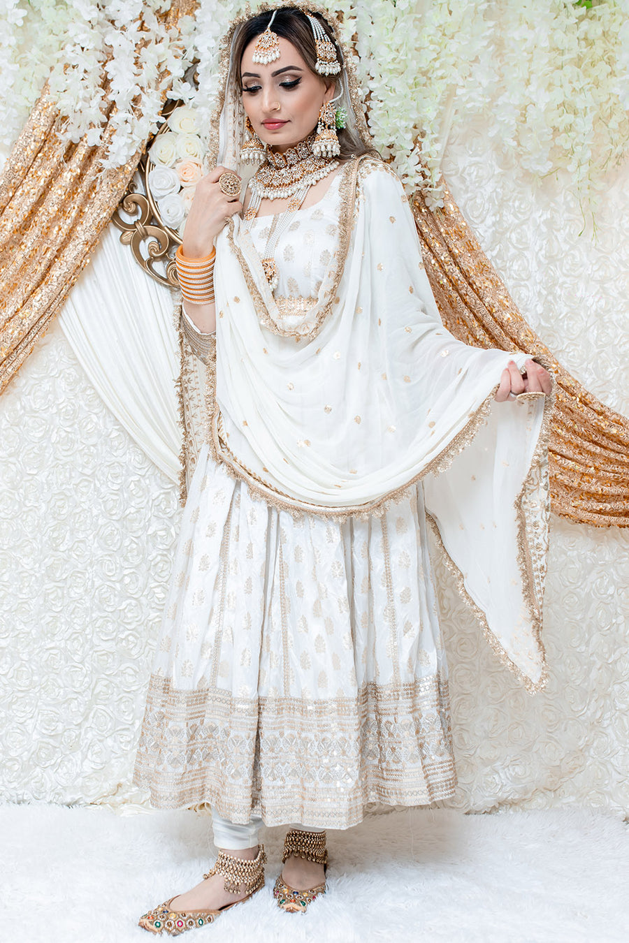 White & Gold Long Anarkali Suit