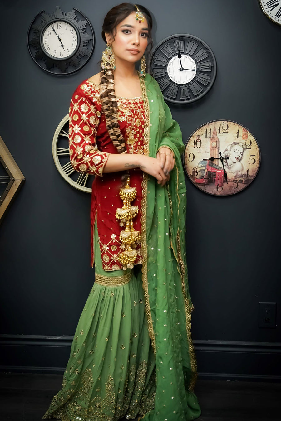 Maroon & Olive Green Hand Embroidered Sharara Suit