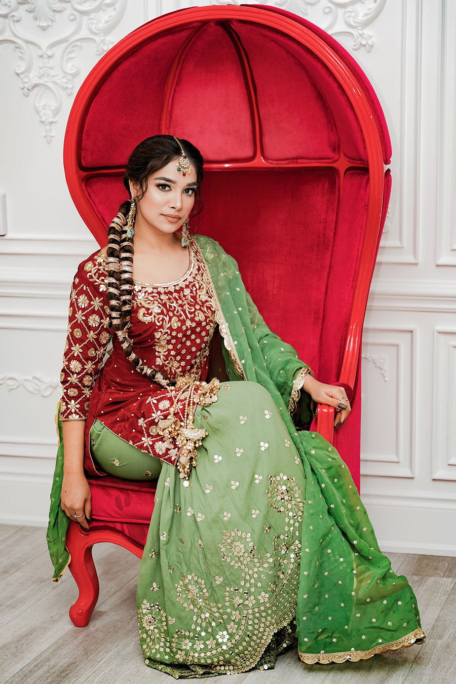 Maroon & Olive Green Hand Embroidered Sharara Suit