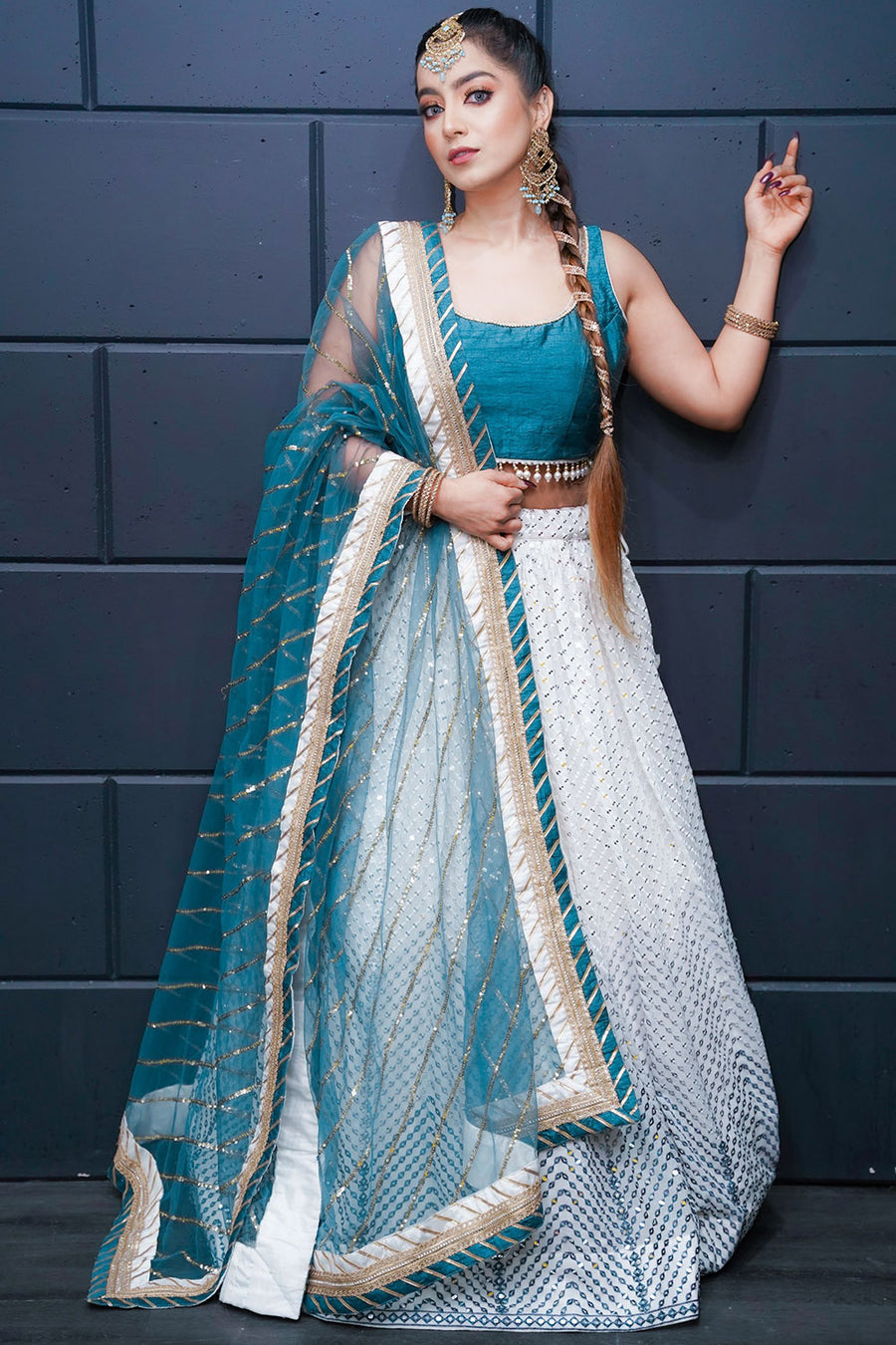 White Colour Chiffon Readymade Lehenga Set having Blue Colour Floral Print  in Round Shaped Blouse with Skirt and Shawl