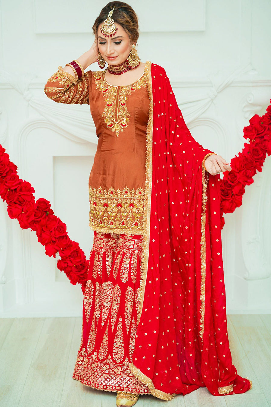 Maroon & Rustic Hand Embroidered Sharara Suit