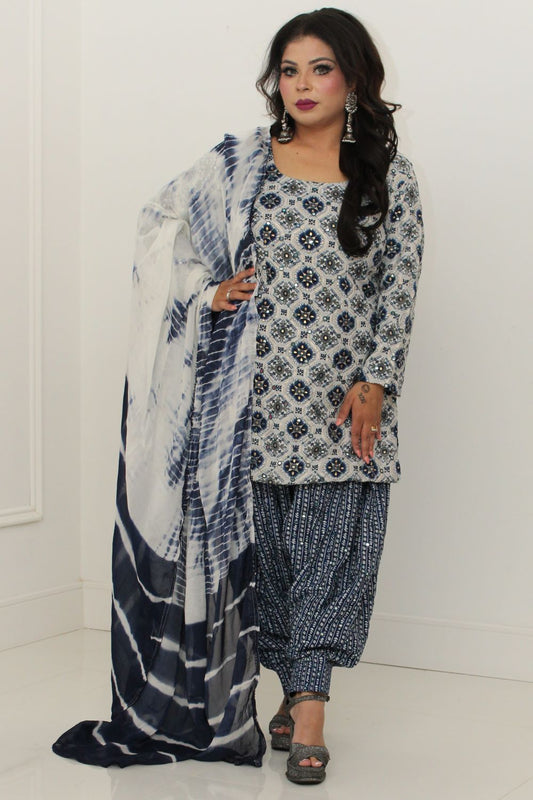 Navy Blue Embroidered Cotton Suit