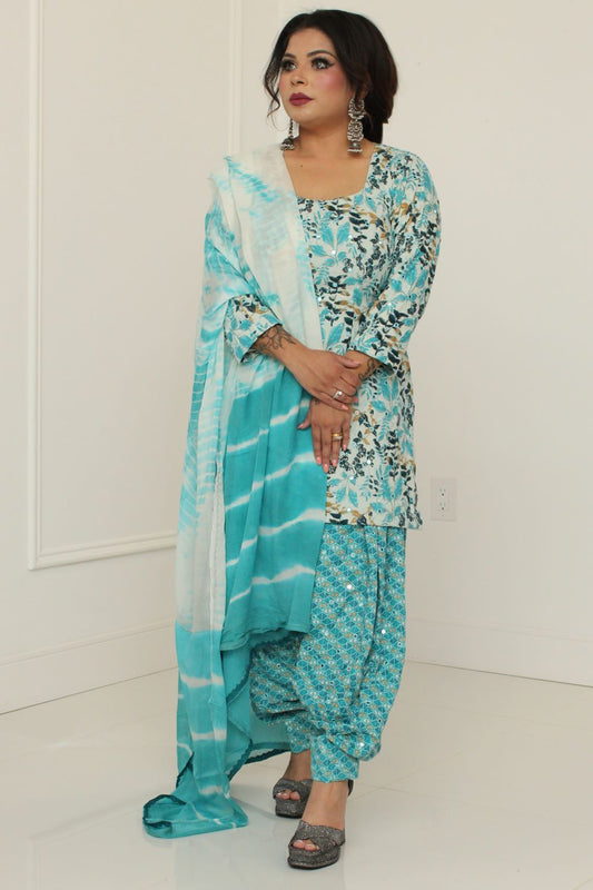 Teal Blue Embroidered Cotton Suit