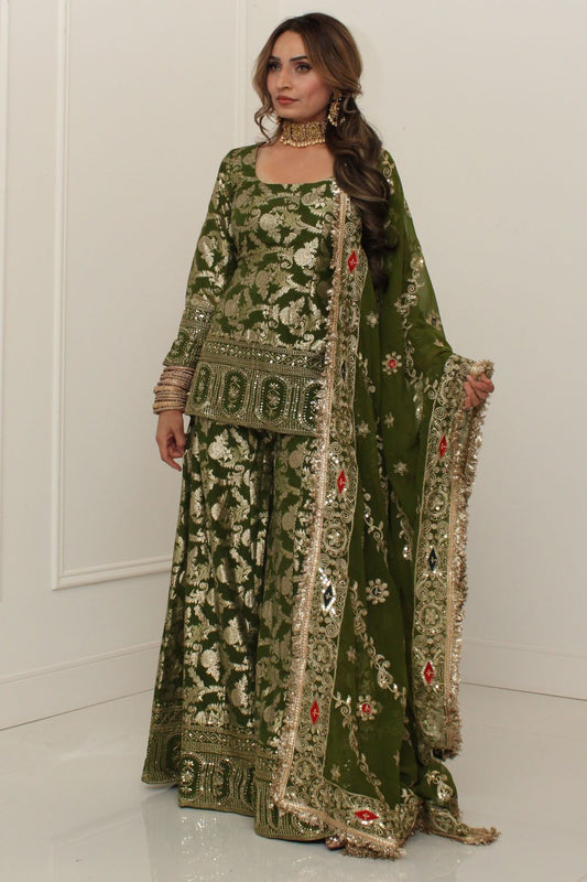 Mehndi Green Embroidered Sharara Suit