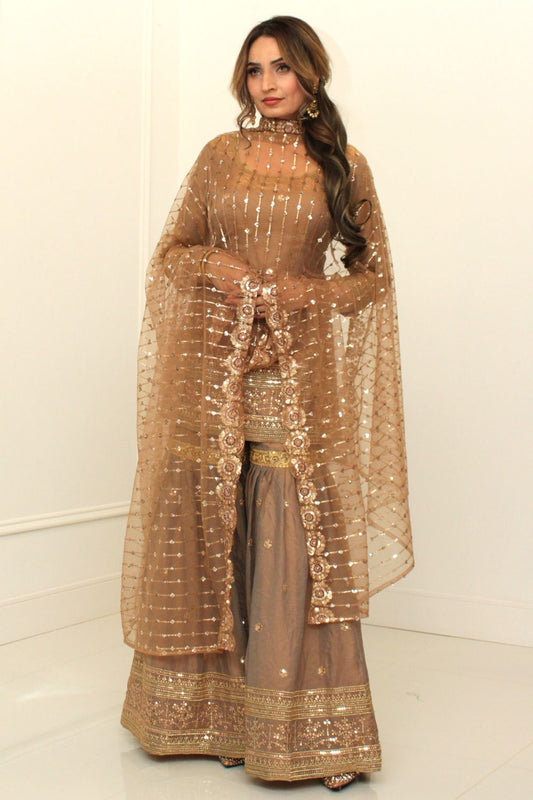 Peach Brown Sharara Suit