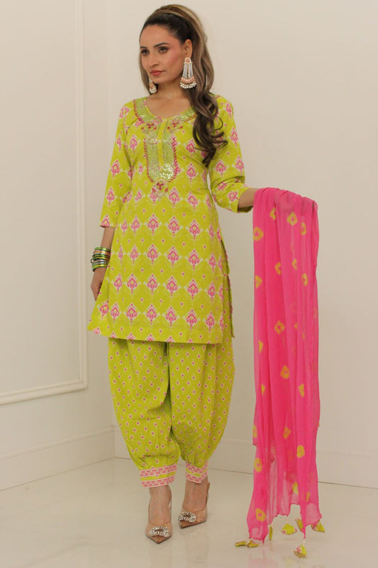 Lime & Pink Embroidered Cotton Salwar Suit