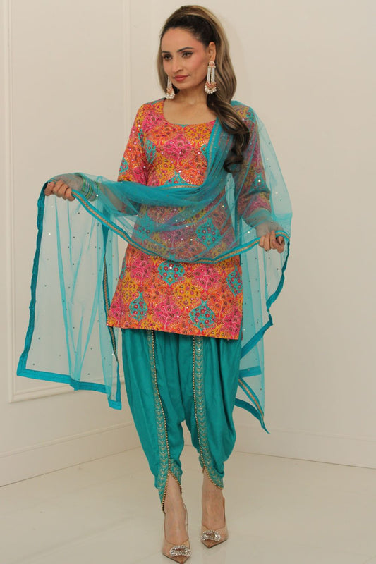 Pink & Teal Cotton Tulip Salwar Suit