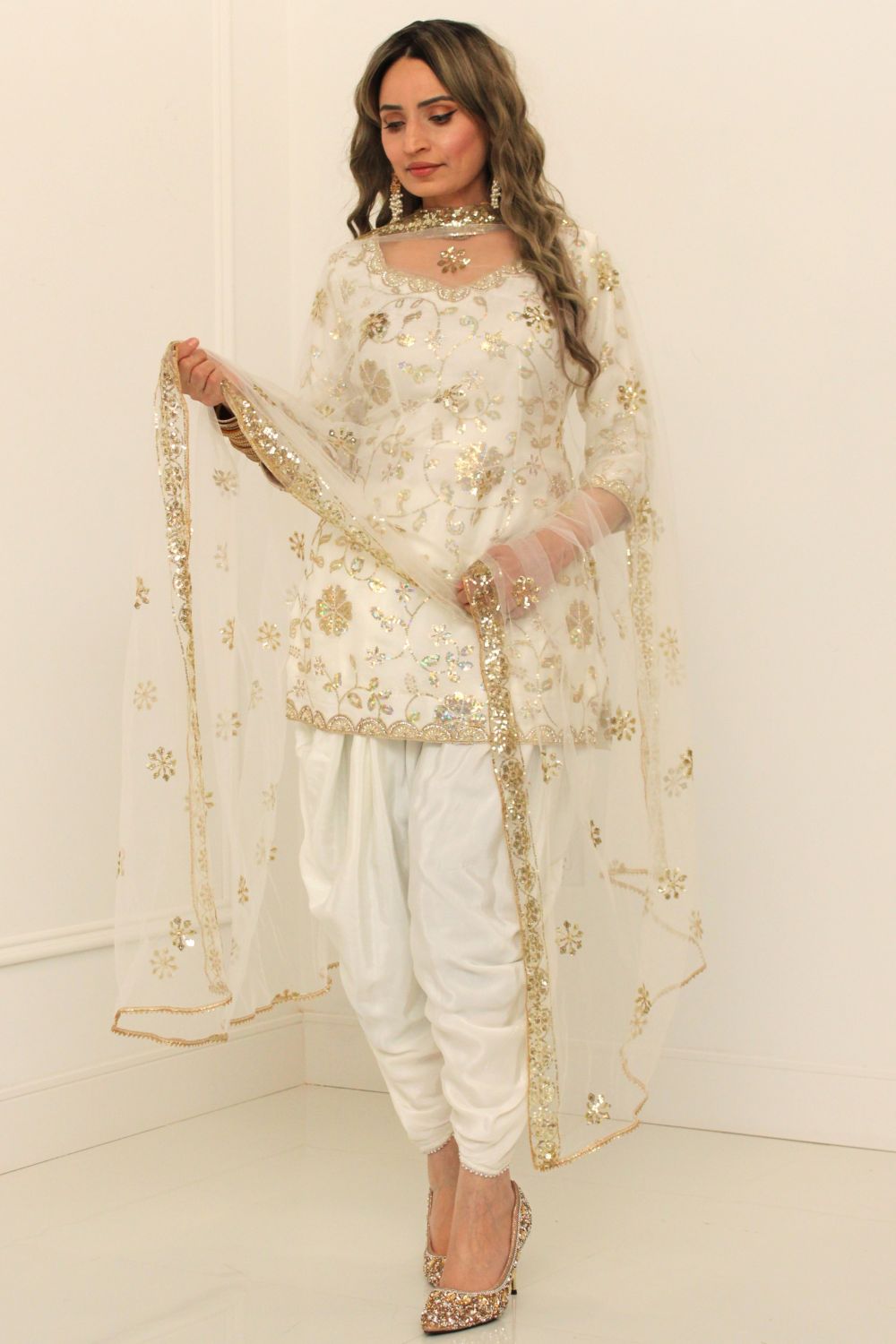 White and Gold Dhoti Skirt Suit