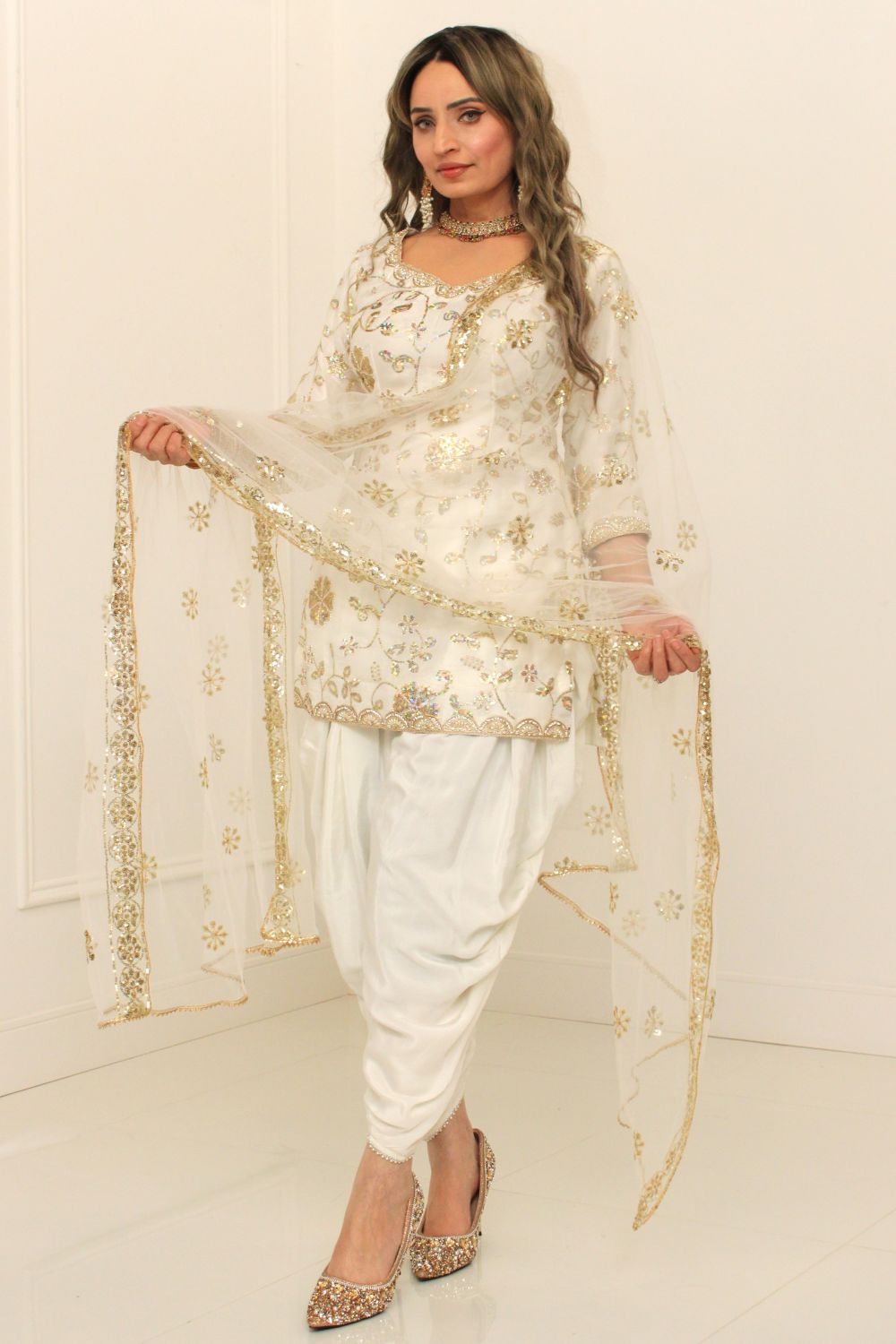 White and Gold Dhoti Skirt Suit