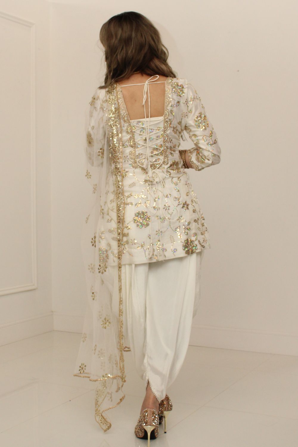 White and Gold Dhoti Skirt Suit