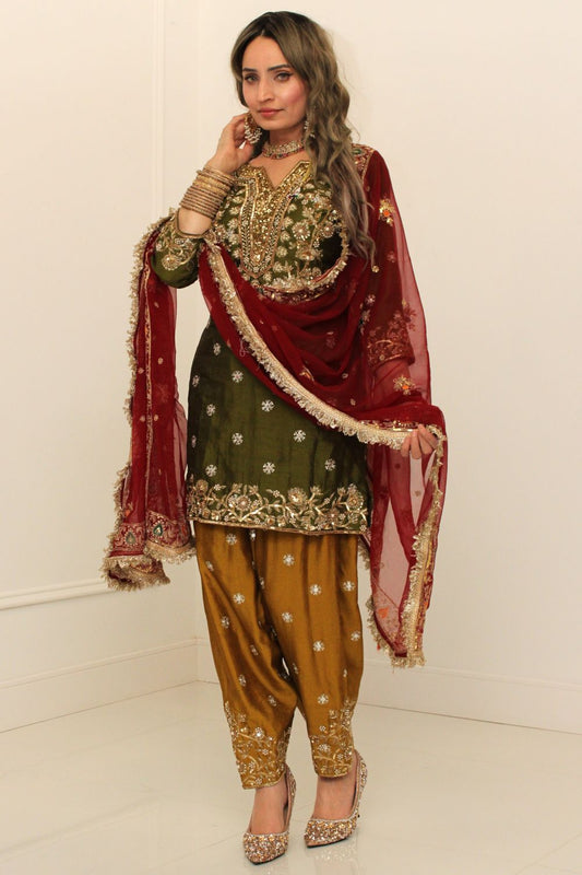 Mehndi Green and Red Salwar Suit