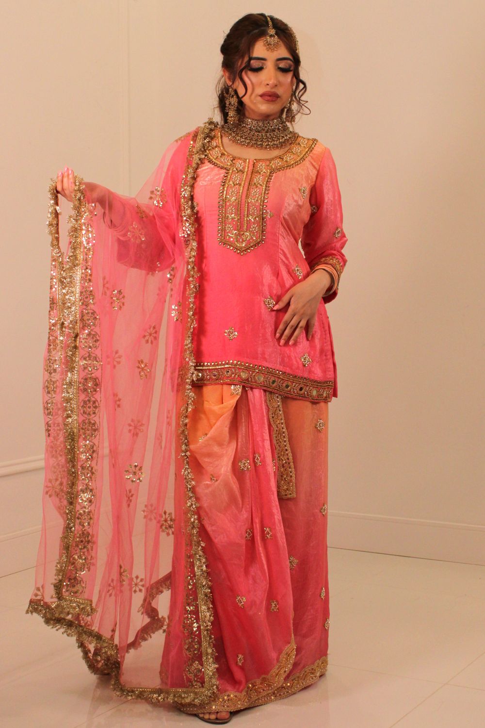 Pink and Orange Ombre Dhoti Skirt Suit