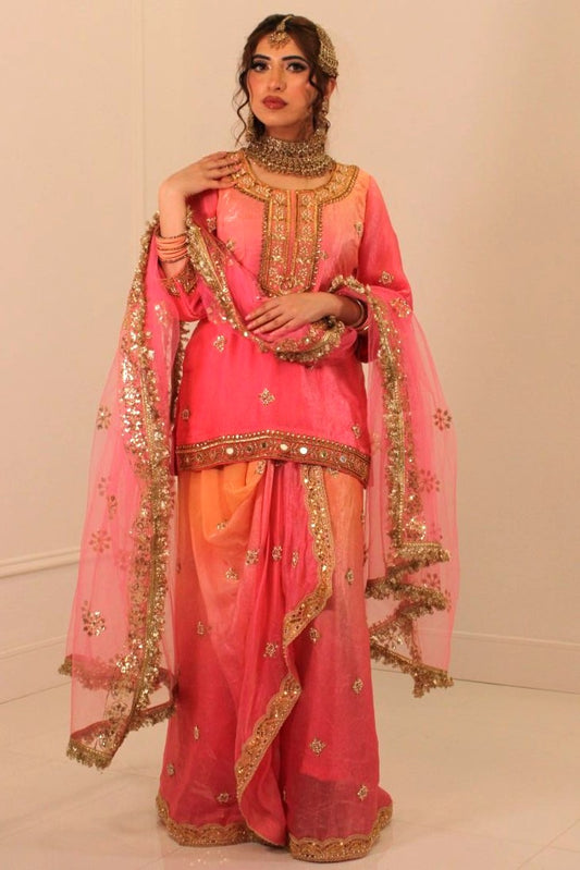 Pink and Orange Ombre Dhoti Skirt Suit
