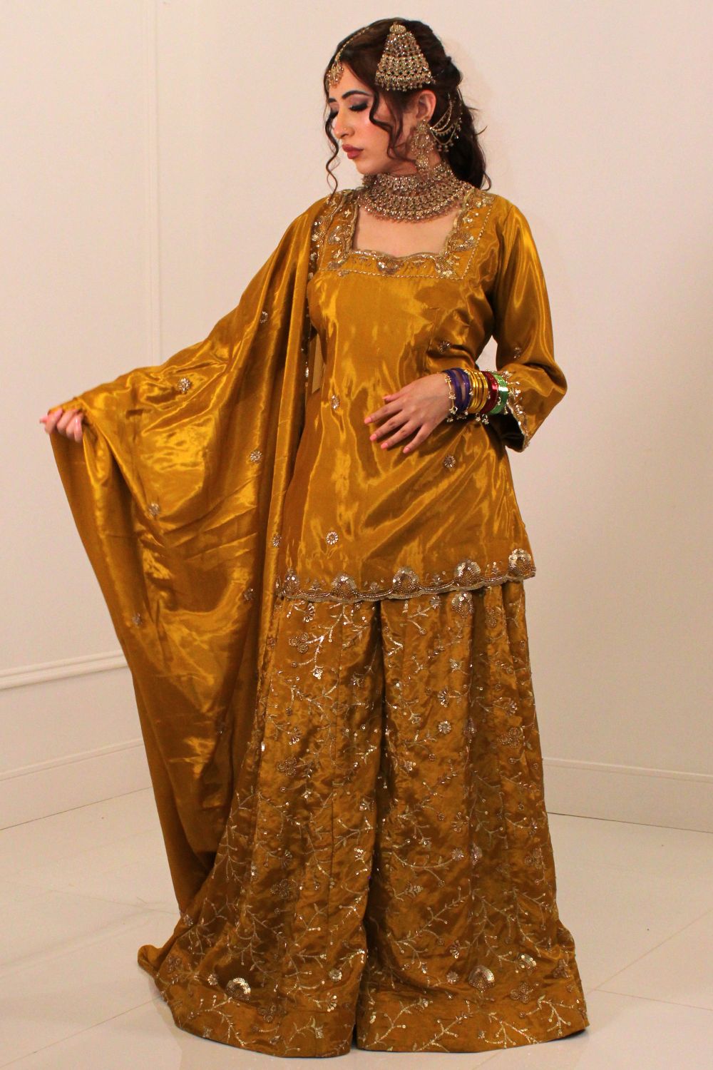 Mustard Yellow Embroidered Sharara Suit