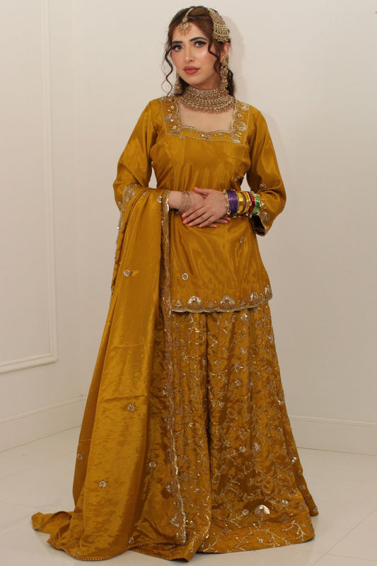 Mustard Yellow Embroidered Sharara Suit