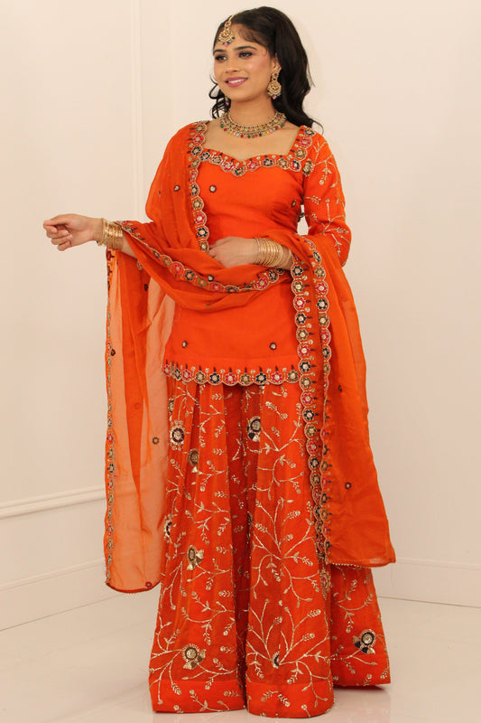 Orange Embroidered Sharara Suit