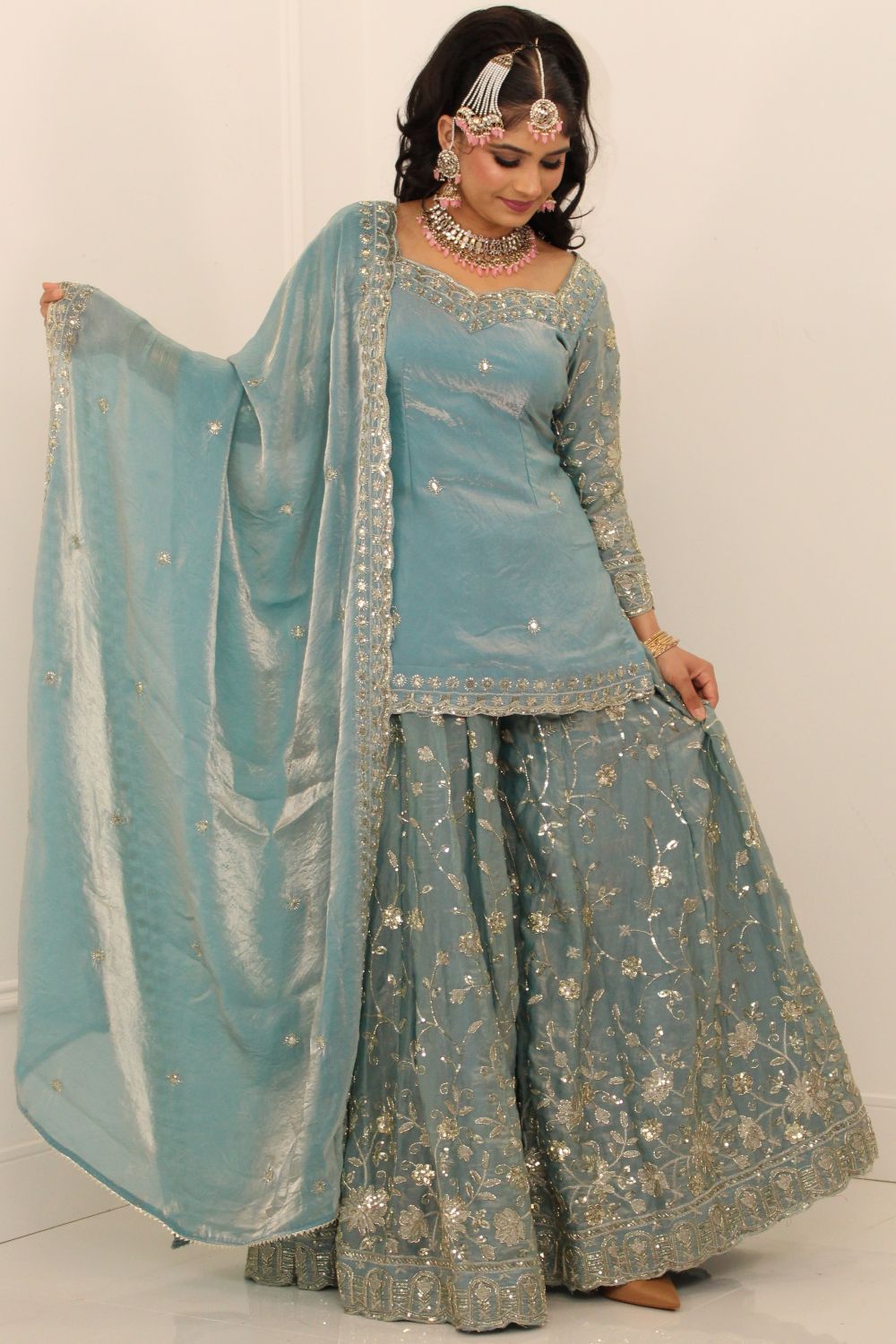 Baby Blue Embroidered Sharara Suit
