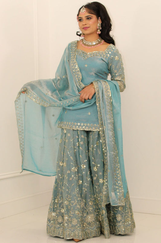 Baby Blue Embroidered Sharara Suit