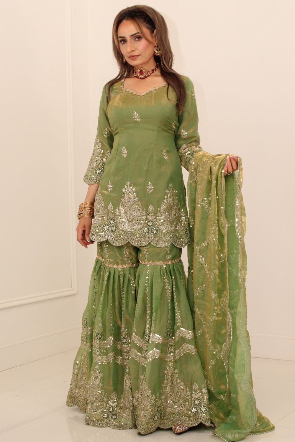 Sage Green Embroidered Sharara Suit