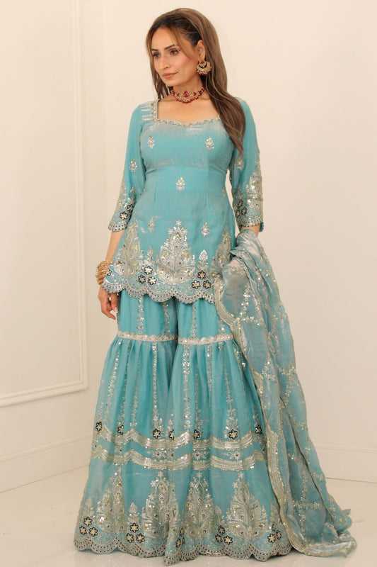Sky Blue Embroidered Sharara Suit