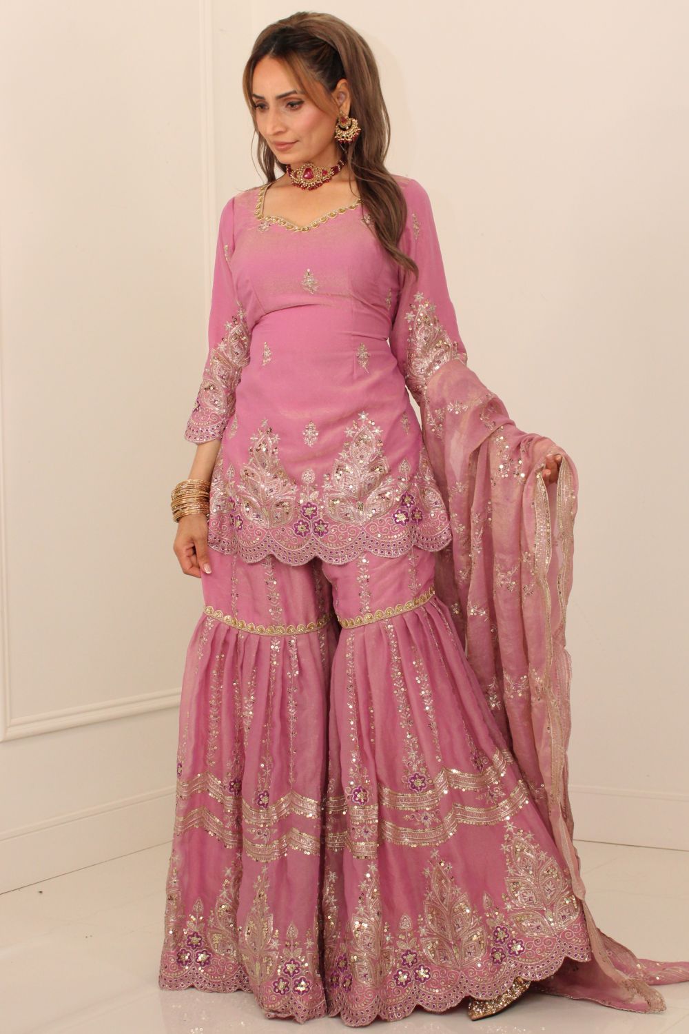 Dusty Pink Embroidered Sharara Suit