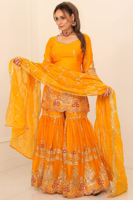 Marigold Yellow Embroidered Sharara Suit