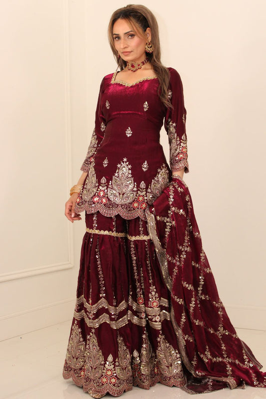 Wine Red Embroidered Sharara Suit