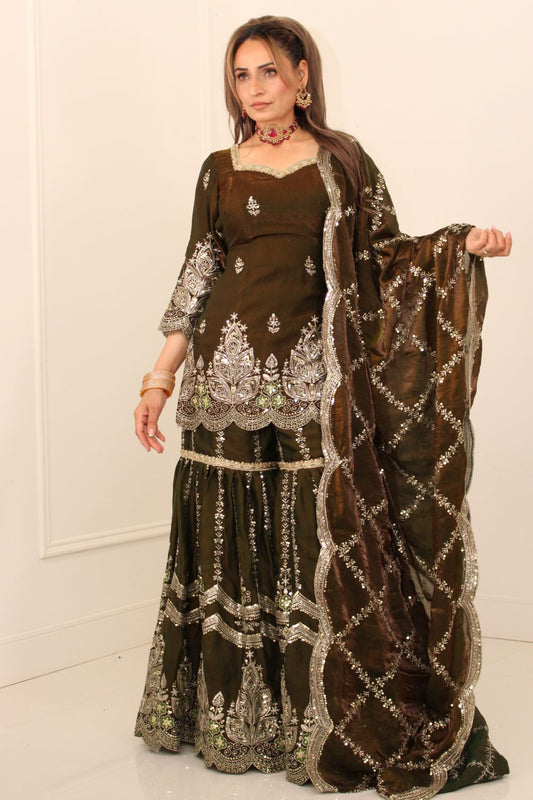 Mehndi Green Embroidered Sharara Suit
