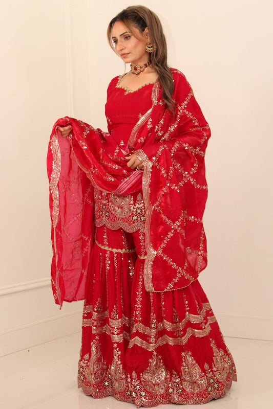 Raspberry Pink Embroidered Sharara Suit