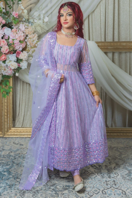 Lilac Netted Long Anarkali Suit