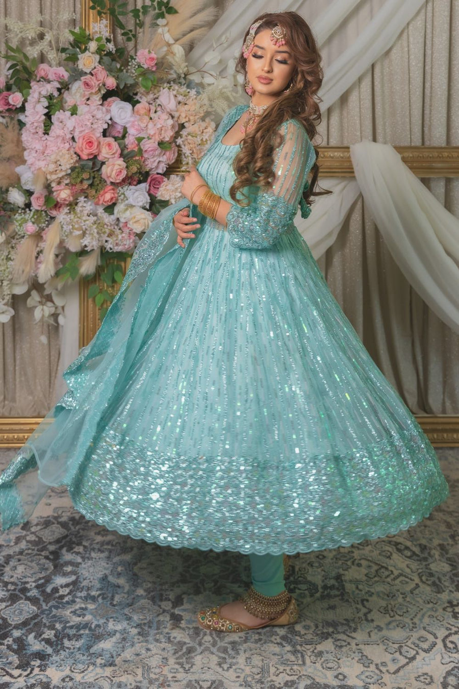 Sea Green Netted Long Anarkali Suit