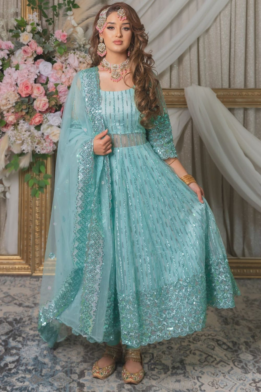 Sea Green Netted Long Anarkali Suit