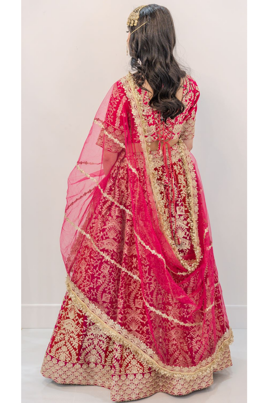 Red & Pink Embroidered Semi-Bridal Lehenga