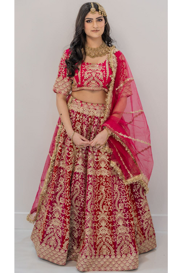 Red & Pink Embroidered Semi-Bridal Lehenga