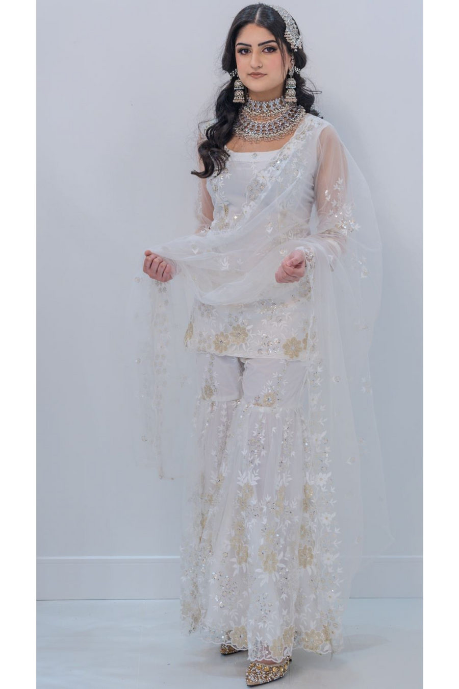 White Embroidered Sharara Suit