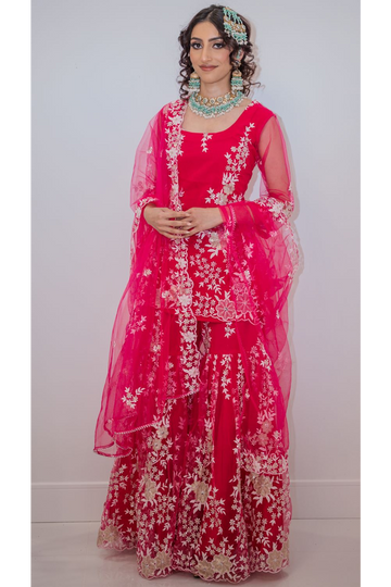 Hot Pink Embroidered Sharara Suit