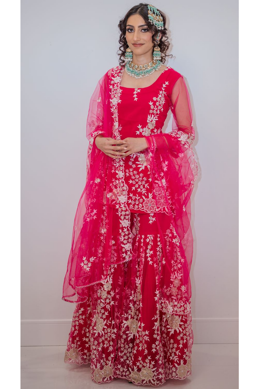 Hot Pink Embroidered Sharara Suit