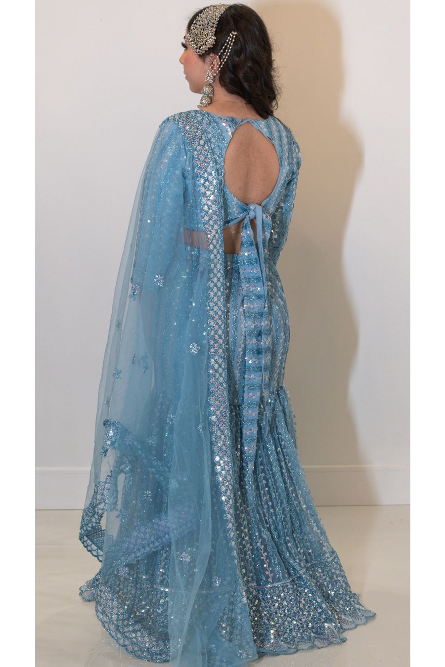 Teal Blue Embroidered Fishcut Lehenga