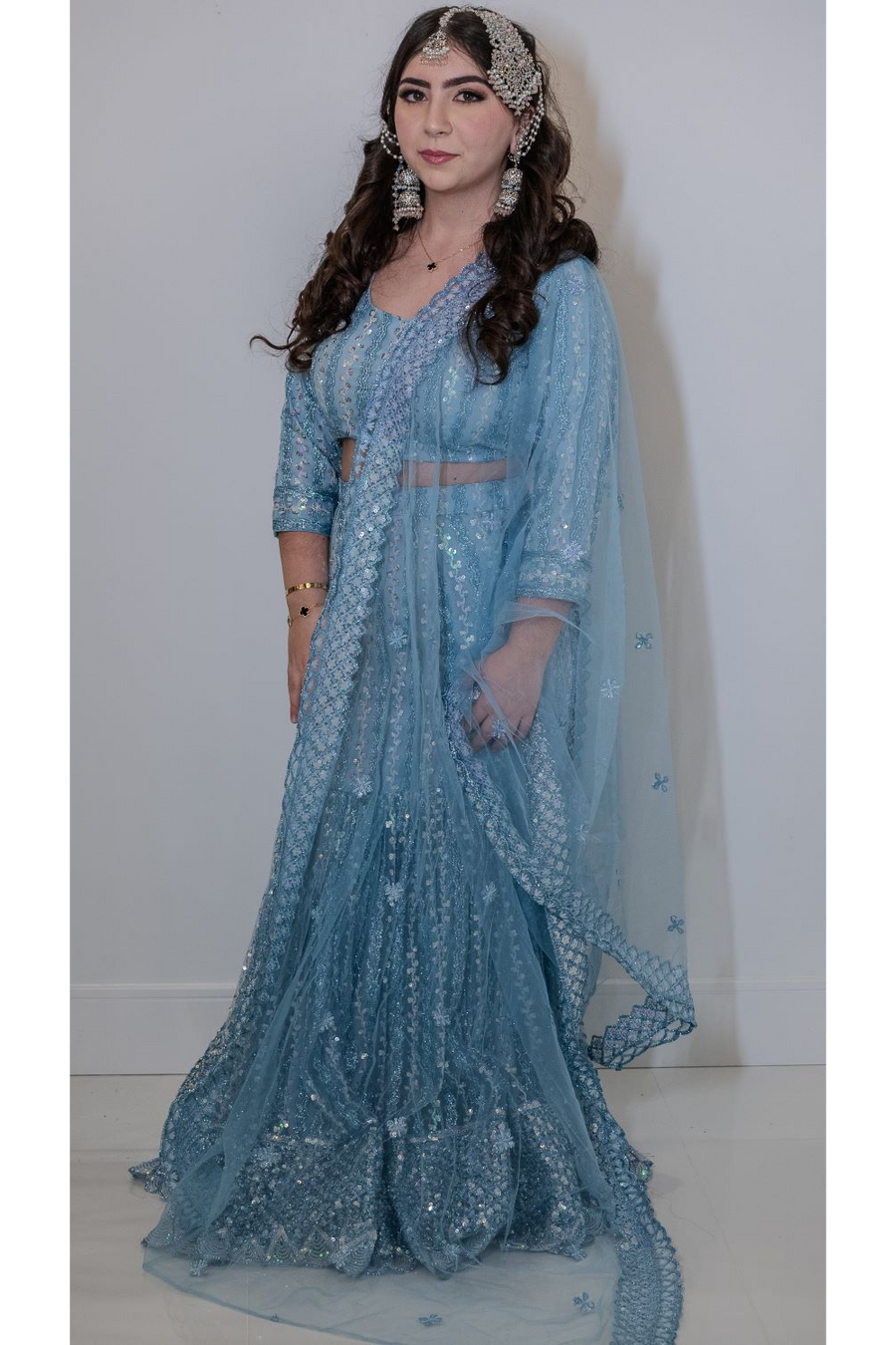 Teal Blue Embroidered Fishcut Lehenga