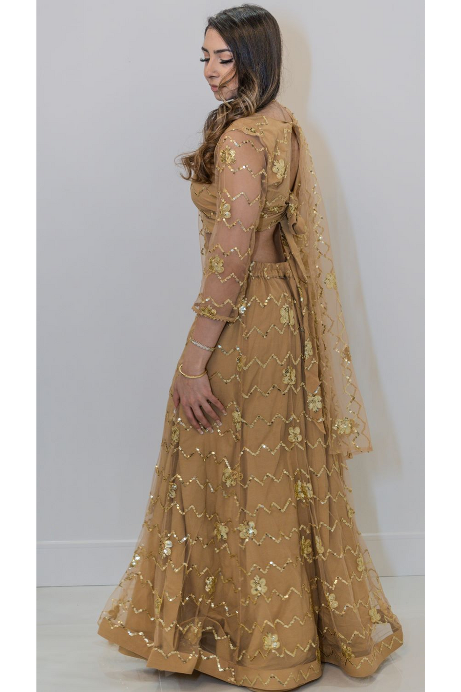 Champagne Gold Embroidered Fishcut Lehenga