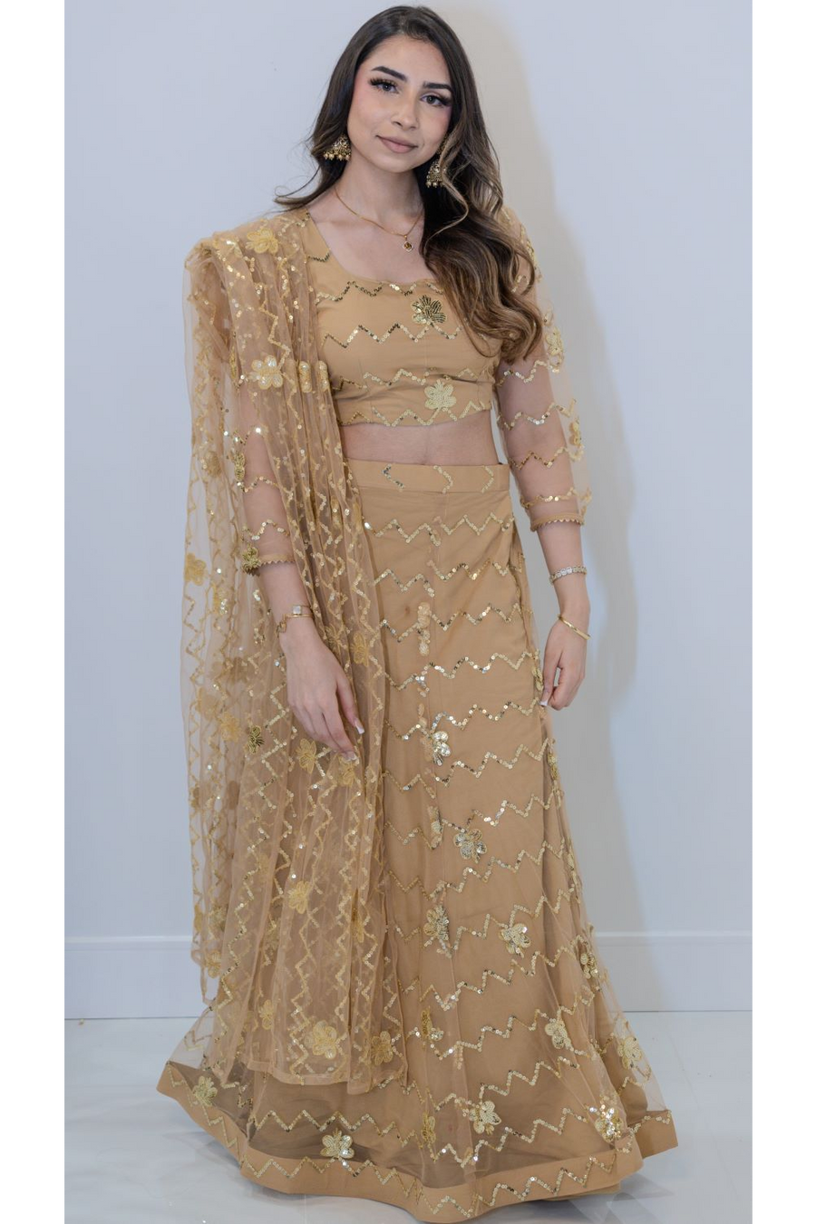 Champagne Gold Embroidered Fishcut Lehenga