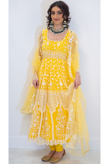 Yellow Netted Long Anarkali Suit